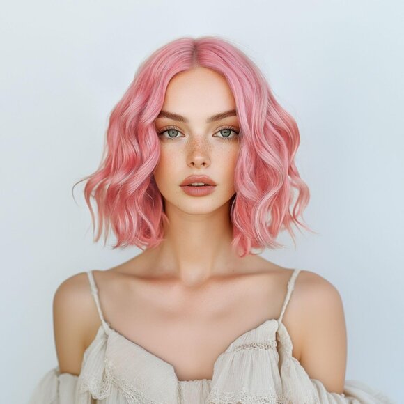 Short Wavy Pastel Pink Wigs for Women 14 Inch Middle Part Shoulder Length Bob